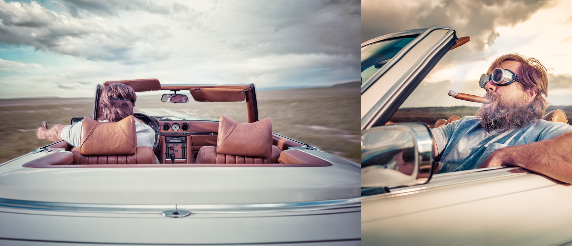 A man in his convertible holding a cigar