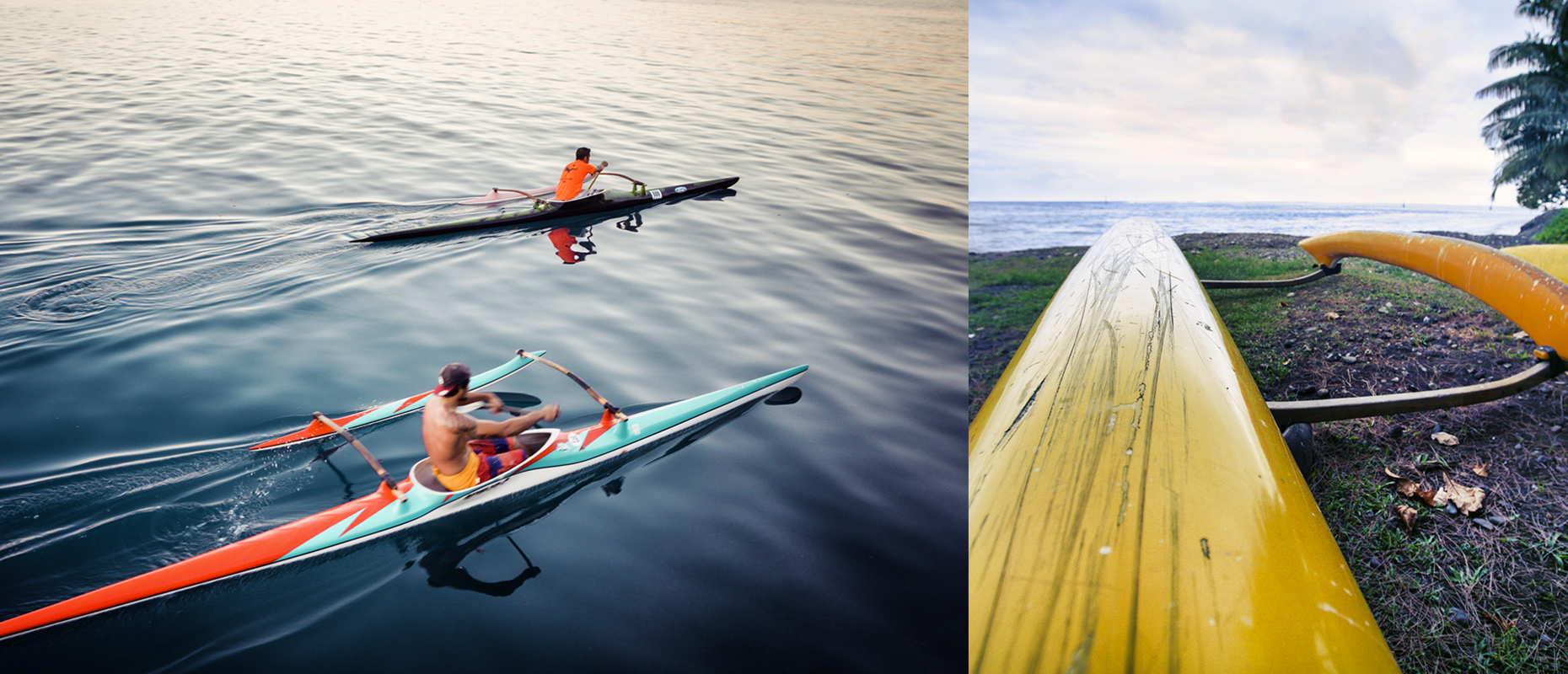Men rowing outrigger canoes in Tahiti