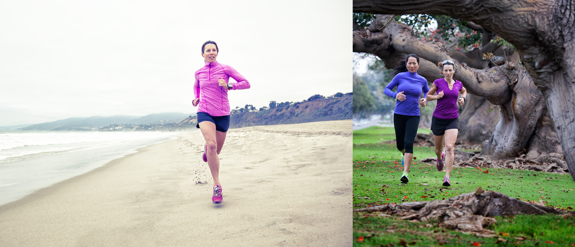 Two women running in park and on the beach